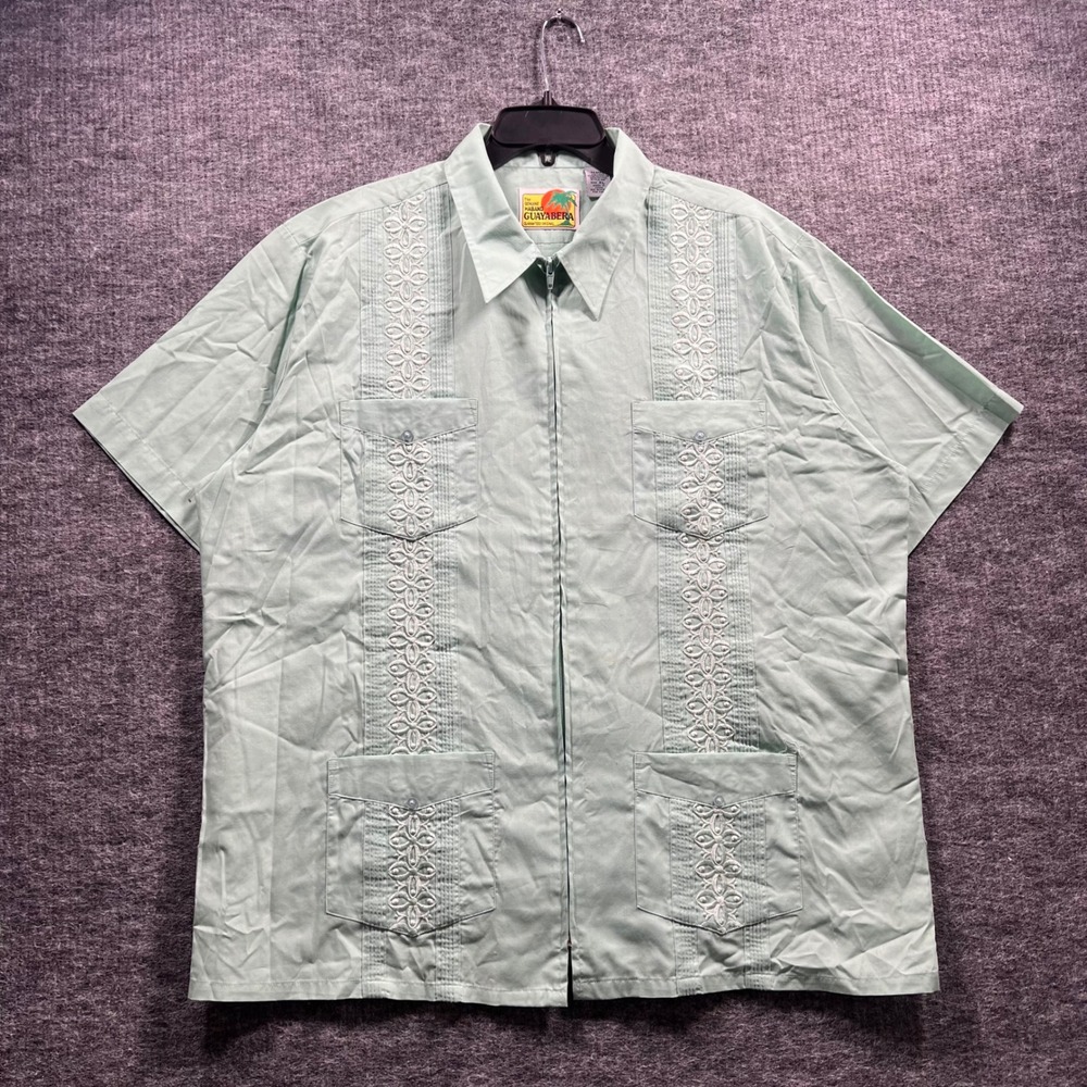 Haband Guayabera Shirt Mens XL Mint Green Embroidered Full Zip Short Sleeve